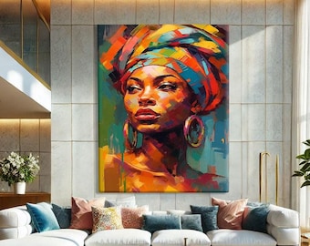 May include: A colourful abstract painting of a woman's face with a patterned head wrap. The painting is in a modern living room setting with a white sectional sofa, a glass coffee table, and a gold floor lamp.