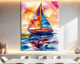 Sailboat Wall Art Vertical, Watercolor Print Modern, Nautical Wall Decor Canvas, Coastal Wall Art Large, Abstract Sunset Art Print