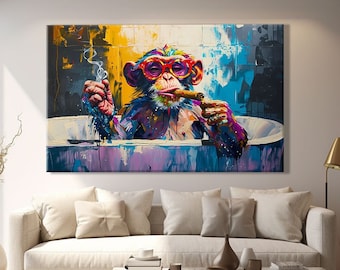 Monkey Bathroom Art, Modern Pop Art Painting On Canvas, Funky Wall Art Prints, Street Graffiti Wall Art Framed, Funny Bathroom Wall Art