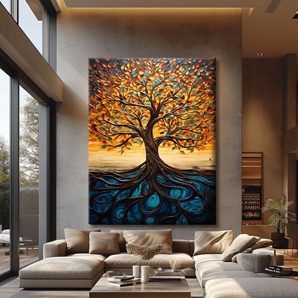 Impresión moderna de arte de pared naranja, decoración de pared de lienzo del árbol de la vida, impresión abstracta del árbol de la vida, arte de lienzo Yggdrasil, regalo casero para su cumpleaños