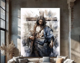 Jesus Christ Canvas Wall Art, Jesus Carrying the Cross Art, Bible Wall Art, Christian Wall Decor, Spiritual Wall Decor, Abstract Jesus Art