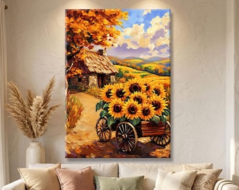 Autumn Wall Art Canvas, Sunflower Print Modern, Rustic Farmhouse Wall Decor, Cottage Wall Art Framed, Countryside Print
