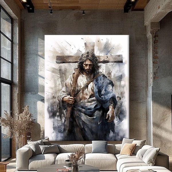 Jesus Christ Canvas Wall Art, Jesus Carrying the Cross Art, Bible Wall Art, Christian Wall Decor, Spiritual Wall Decor, Abstract Jesus Art