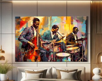May include: A colorful abstract painting of a jazz band playing music. The painting features three musicians, one playing a cello, one playing a guitar, and one playing drums. The painting is done in a vibrant style with bold colors and brushstrokes.