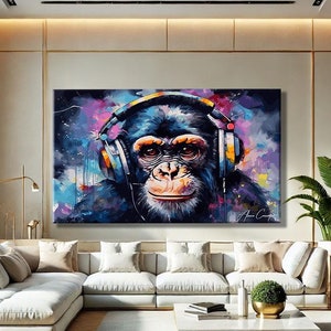Dj Monkey Canvas Framed, Pop Art Canvas Painting, Pop Culture Wall Art, Monkey With Headphone Print, Pop Art Print Funny, Over The Bed Art