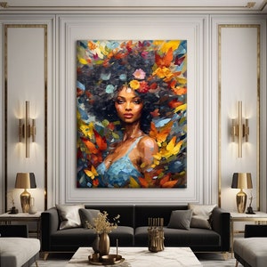 Grande tela artistica afroamericana, ritratto di donna nera, stampa astratta di donna africana, stampe astratte colorate, arte murale di grandi dimensioni