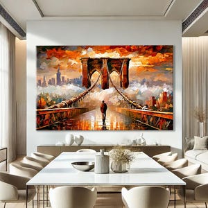 Può includere: Dipinto a olio del ponte di Brooklyn con una persona che cammina verso la città. L'opera presenta colori caldi, con un cielo arancione e giallo e un paesaggio urbano sullo sfondo. Il ponte è marrone e la persona indossa un cappotto scuro.