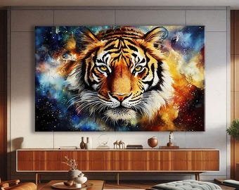 Tiger Wall Art Canvas, Galaxy Print Framed, Wildlife Wall Decor, Cosmic Wall Art Horizontal, Celestial Art Print Modern