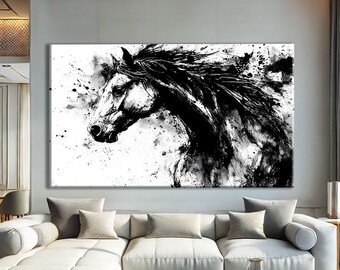 Horse Wall Art Canvas Horizontal, Black And White Animal Prints, Equestrian Wall Art Framed, Statement Wall Decor Large