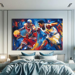 May include: A large, colourful abstract painting of two basketball players in action. The artwork features bold brushstrokes and a vibrant palette of red, blue, yellow, and white. The painting is displayed above a bed with blue bedding.
