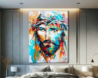 Puede incluir: Pintura abstracta de la cara de un hombre con una corona de espinas. La pintura está realizada en un estilo colorido con tonos de azul, verde, amarillo, naranja y rojo.