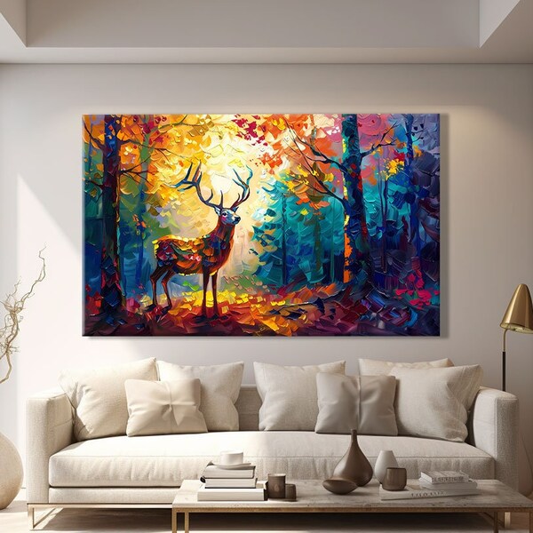 Deer Wall Art Prints, Forest Animal Prints, Trendy Canvas Painting, Modern Colorful Wall Art Prints, Stag Wall Art Decor, Cabin Wall Art