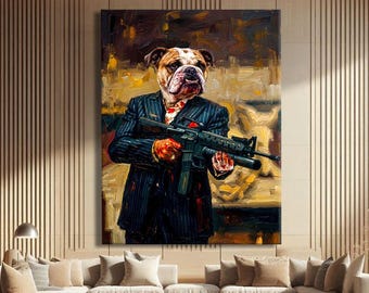 Mafia Wall Art Canvas, Speakeasy Decor Prints, Gangster Wall Art Framed, Quirky Art Print, Bulldog Wall Art Decor, Dog Wall Decor