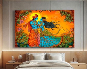 Indian Wall Art Framed Large, Radha Krishna Art Canvas, Spiritual Wall Decor, Mythology Wall Art, Hindu Art Print Large