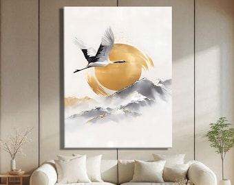Japandi Wall Art Framed, Asian Art Print, Crane Wall Art Print, Japanese Wall Art Decor, Meditation Decor for Wall, Zen Wall Art Print