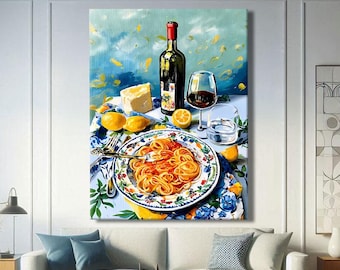 Pasta Wall Art Decor, Wine Print Summer, Italian Kitchen Wall Art Prints, Food Lover Gift, Spaghetti Wall Art Print