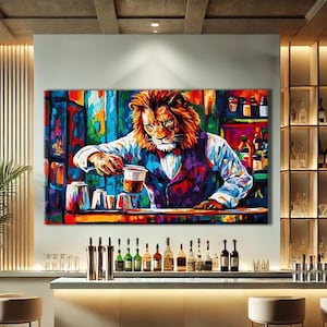 May include: A vibrant painting depicts a lion bartender pouring a drink. The artwork features a colorful bar scene with bottles and glasses. The lion wears a vest and bow tie. The bar has stools and a modern design.