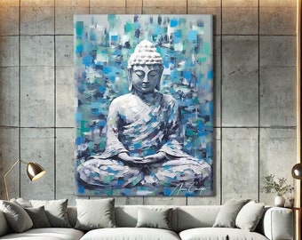 Puede incluir: Gran lienzo que representa una estatua de Buda sentado en meditación. La obra de arte utiliza azules, blancos y verdes, con pinceladas visibles. El Buda está sobre un fondo azul claro. La obra está firmada.