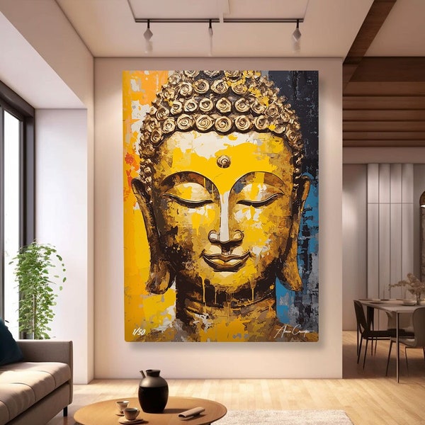 Buddha Painting For Living Room, Spiritual Abstract Art, Buddhist Wall Decor, Yellow Abstract Art, Long Vertical Art, Buddha Canvas Painting