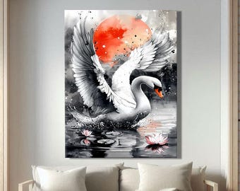 Swan Wall Art Framed, Japanese Art Print Canvas, Asian Wall Decor Large, Lake Wall Art Modern, Sun Print Vertical, Zen Wall Decor
