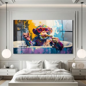 Affen-Badezimmer-Wandkunst, Acryldruck, abstrakter Pop-Art-Druck, flippige Wandkunstdrucke, Graffiti-Druck, lustige Wandkunst, Kunst aus gehärtetem Glas