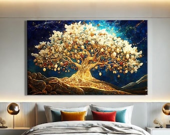 Arte mural espiritual enmarcado, arte del árbol de la vida, decoración celestial para el hogar, pintura mural cósmica, obra de arte moderna del árbol de la vida, decoración de pared de yoga