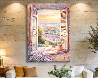 Open Window Wall Art Vertical, Lavender Print Canvas, Countryside Wall Decor, Provence Wall Art Framed, Rustic Wall Decor Above Couch