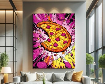 Essen Wandkunst Küchendekor Rosa, Buntes Pop Art Wanddekor, Pizza Dekor, Comic Wandkunst, rosa Leinwandgemälde, Popkultur Kunstdruck