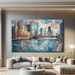 Chicago Wandkunst gerahmt, moderner abstrakter Kunstdruck, Chicago City Skyline Kunstdruck, Stadtbild Wandkunst, Chicago Gemälde, Wohndekor Geschenk