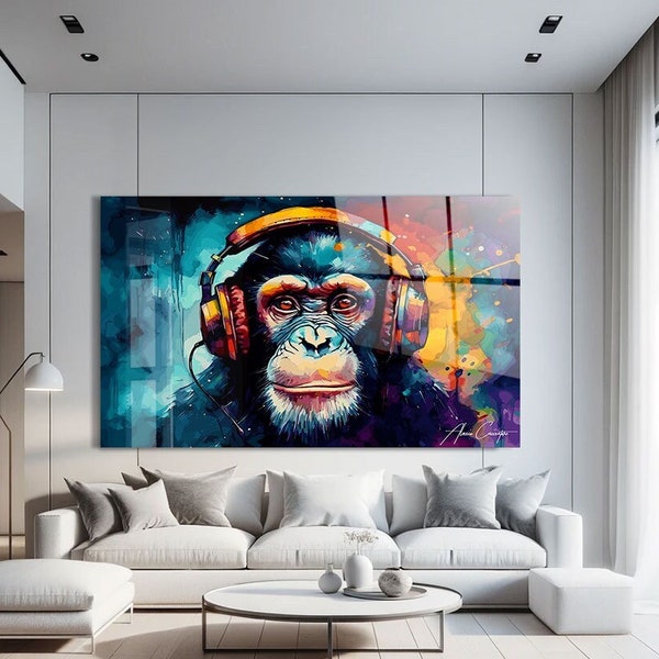 Monkey Headphones Wall Art, Acrylic Pop Art Painting, Tempered Glass Art Graffiti, Large Graffiti Wall Art, Acrylic Glass Wall Art