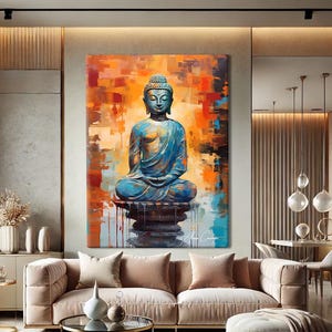 Find inner peace with this serene Buddha canvas print. A tranquil turquoise Buddha statue sits in meditation against a vibrant abstract backdrop of warm orange, amber, and cool blue geometric brushstrokes. The contemporary style blends spiritual tradition with modern artistry beautifully. Perfect for meditation rooms, yoga studios, zen spaces, or anyone seeking peaceful, mindful decor. A meaningful gift for spiritual seekers and meditation practitioners.