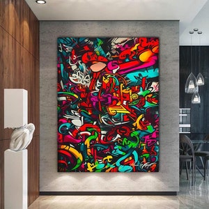 Pintura de grafiti en lienzo original, impresión de arte urbano enmarcada, lienzo de grafiti para pared, arte urbano enmarcado, decoración de pared para la cama