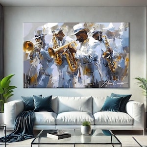 Arte murale astratta con musica jazz, arte murale su tela con jazz, arte murale africana su tela, decorazione per studio musicale, arte murale con band jazz, decorazione murale con arte africana