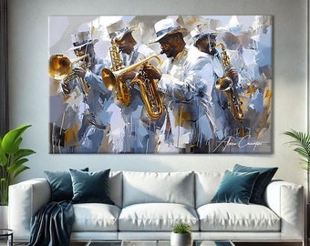 May include: A painting of four men in white suits playing brass instruments. The painting is done in a loose, impressionistic style with a lot of white and blue paint. The men are all smiling and seem to be enjoying themselves. The painting is titled "Alexis Cecchetto Galerie d'Art".