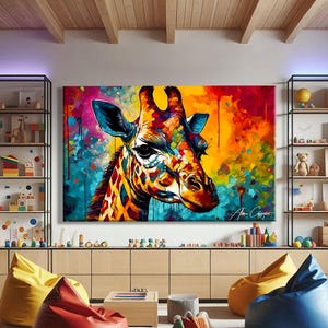 Giraffe Wall Art Print, Pop Art Prints Large, Animal Pop Art Canvas, Safari Nursery Decor, Above Bed Decor Modern