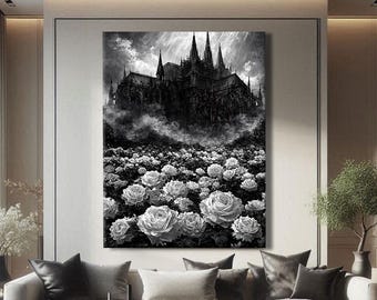 Cathedral Wall Art Large, Gothic Art Print Framed, Dark Academia Decor Bedroom, Fantasy Wall Art Canvas, Monochrome Print Flowers