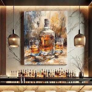 Sztuka ścienna z whisky, wydruk sztuki ściennej z wózkiem barowym, wydruk alkoholu, sztuka ścienna z alkoholem, wydruki wózków barowych, abstrakcyjny brązowy obraz, prezent dla mężczyzn z whisky