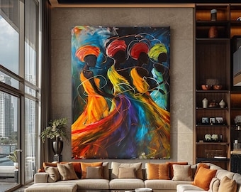 May include: An abstract painting of five figures in flowing dresses and headscarves, rendered in vibrant colours. The artwork, with hues of orange, yellow, red, and blue, hangs in a modern living room with large windows and neutral-toned furniture.