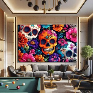 Mexican Wall Art For Living Room Prints, Sugar Skull Decor, Dia De Los Muertos Decor, Pop Art Prints Horiztonal, Abstract Floral Print