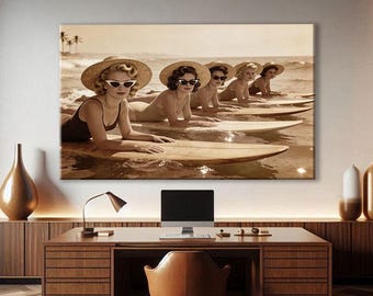 Surf Wall Art Prints, Beach House Decor, Pin Up Art Wall Decor, Vintage 1950s Wall Art, Summer Wall Art, Glam Wall Art Decor, Sepia Wall Art