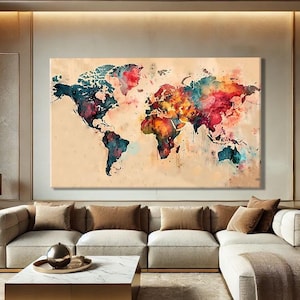 Map Of The World Canvas, World Map Wall Art Large, Above Bed Wall Decor, Large Abstract Wall Art Oversized Horizontal, Travel Gifts For Him