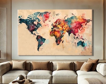 Map Of The World Canvas, World Map Wall Art Large, Above Bed Wall Decor, Large Abstract Wall Art Oversized Horizontal, Travel Gifts For Him