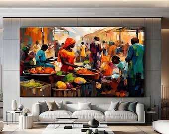African Art Wall Decor, Ethnic Wall Art, Colorful Abstract Art Print, African Market Painting Canvas, Vivid Art Print, Africa Art Wall Decor