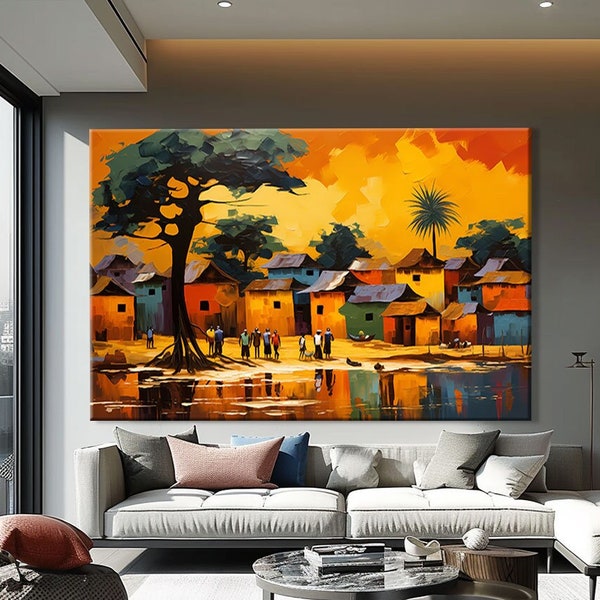 Abstract African Art Print, Orange Wall Art Print, Abstract Landscape Canvas Painting, Sunset Canvas Wall Art, African Village Print