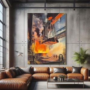 Peut inclure: Une grande peinture à thème industriel représente une fournaise ardente avec des ouvriers et des machines. L'œuvre est accrochée au-dessus d'un canapé sectionnel en cuir marron dans un salon moderne. Les couleurs de la peinture sont l'orange, le noir et le gris.