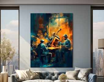 May include: A painting of a jazz band playing in a dimly lit room. The band consists of three musicians, one playing a double bass, one playing a saxophone, and one playing a piano. The painting is done in a stylized, abstract style, with bold colors and brushstrokes.