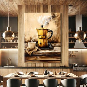 Peut inclure: Une impression d'art mural représentant une cafetière moka dorée et une tasse de café fumante sur une surface en bois. L'œuvre présente des tons chauds bruns et dorés avec des coups de pinceau visibles, illustrant une scène de café.