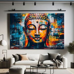 Decorazione murale Buddha sopra il letto, arte murale religiosa per soggiorno, arte murale su tela Buddha, arte murale astratta extra large, stampa religiosa