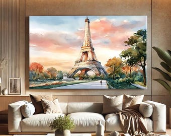 Eiffel Tower Print Art, Paris Wall Art Print, Parisian Decor Bedroom, Sunset Wall Art Horizontal, French Wall Art Framed, Above Bed Decor