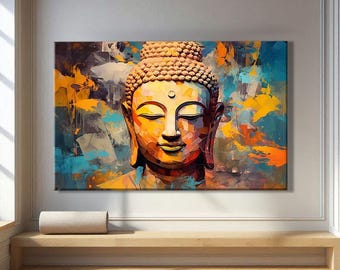 Puede incluir: Una gran impresión en lienzo de un sereno rostro de Buda, representado en colores vibrantes de naranja, amarillo, azul y gris. La obra de arte se exhibe en una habitación bien iluminada, encima de un banco de madera. La imagen está firmada por el artista.